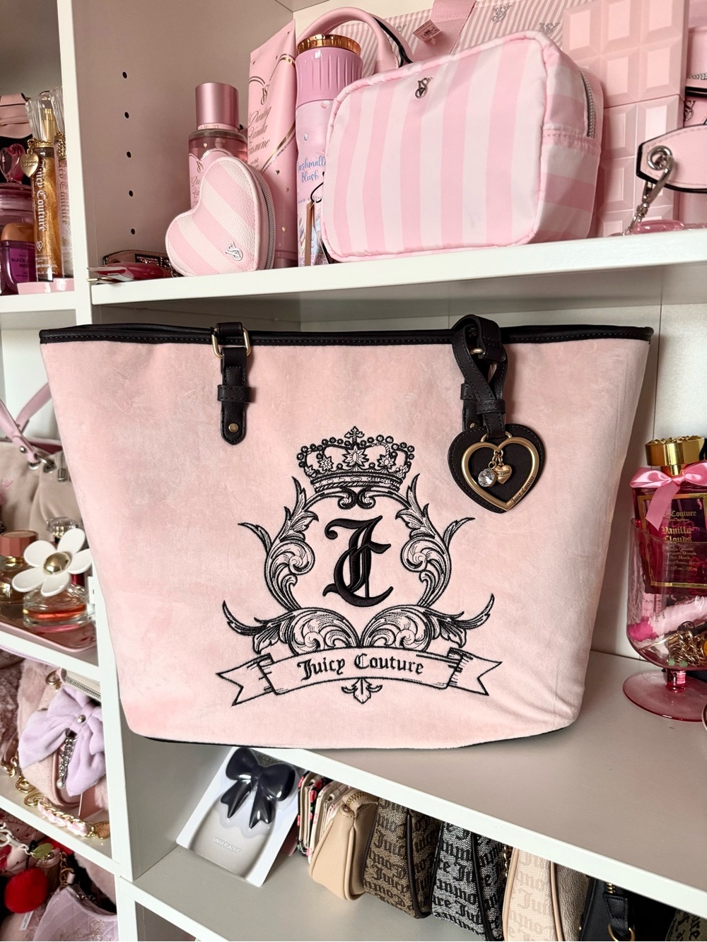Juicy Couture “Need More Juicy” Pink Tote with Crest and Heart Charm